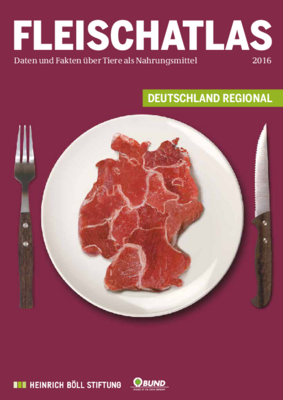 Deckblatt des Fleischatlas 2016, Teller mit Fleisch in Form einer Deutschlandkarte